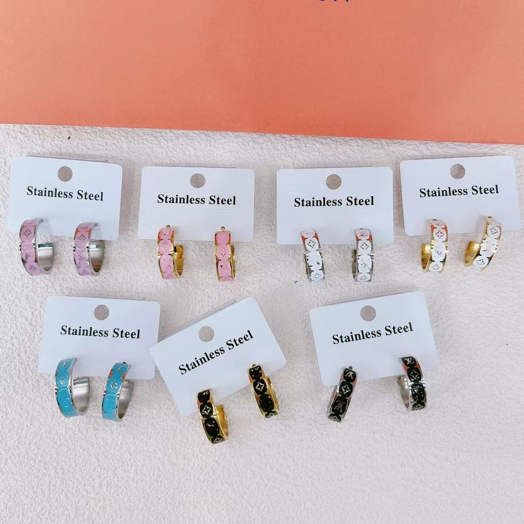 316L Stainless Steel Luxury Girls letter black white pink blue hoops designer branded 18k Gold silver women round engrave earrings wedding party birthday jewelry