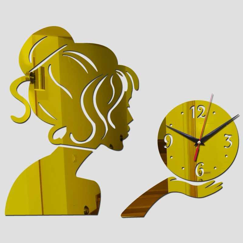 Beauty Lady Portrait Wall Clock Digital Quartz Watch Acrylic 3D Mirror Stickers Living Room Home Decor Beauty Salon Wall Decor C251015