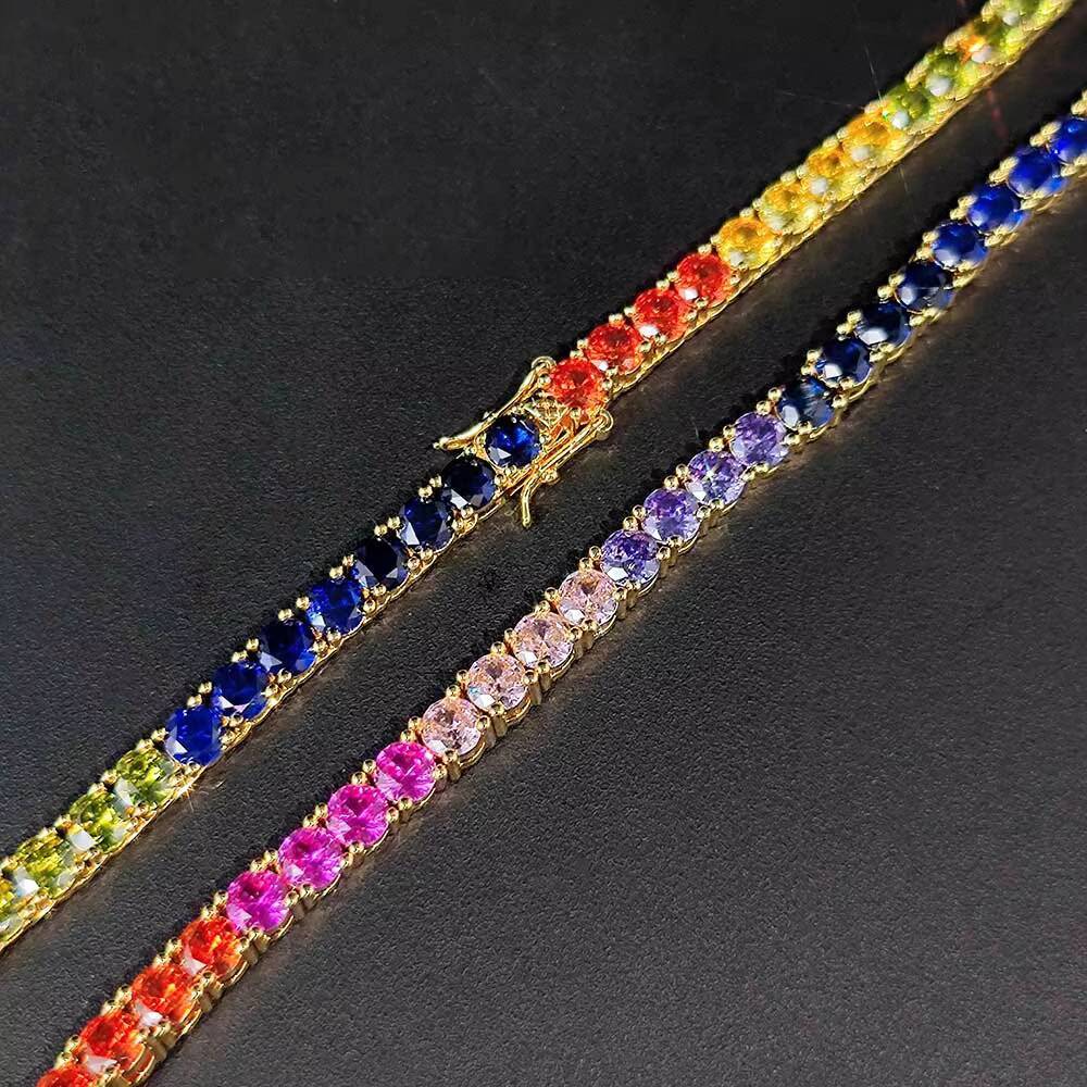 Hip Hop Jewelry 5mm Iced Out Tennis Chain 18K Gold Plated Coloured Moissanite Rainbow Tennis Necklace Designer