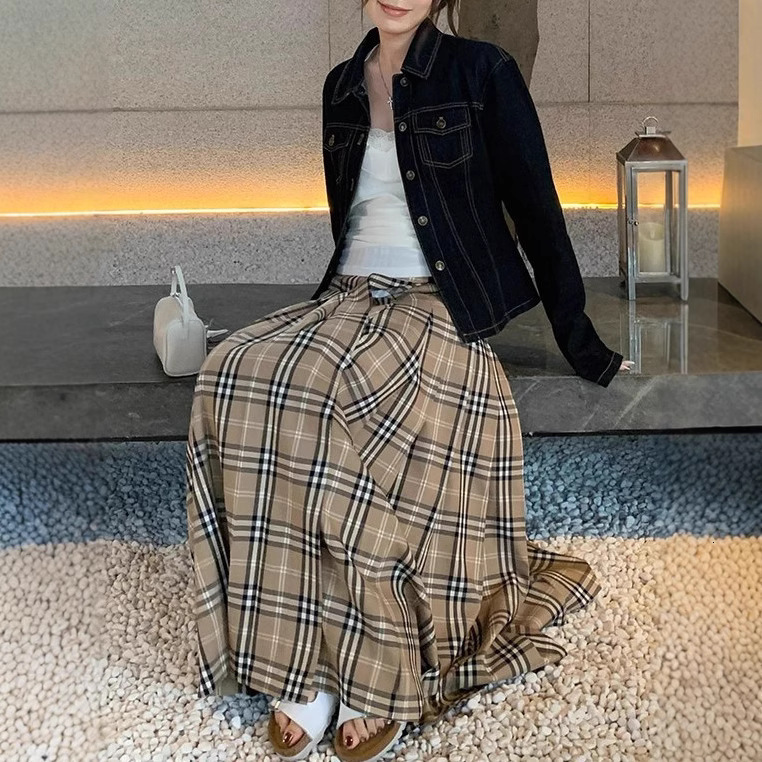 designer Pleated Plaid New Low Waist A-line Long Skirt for Women