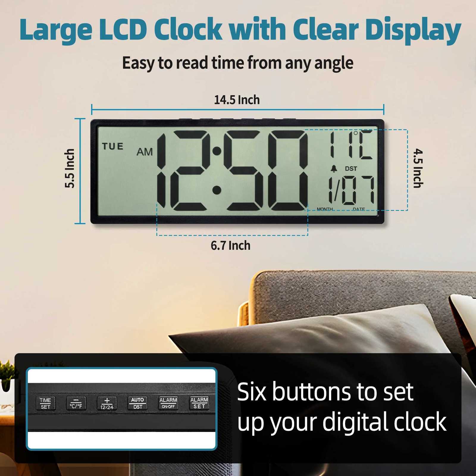 145 Large Digital Wall Clock Battery Operated Clock with Large Display Numbers Calendar Auto DST Clocks for Living Room C251015