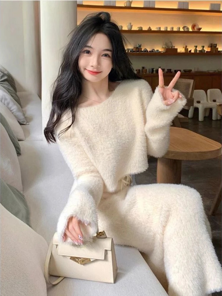 Knitted Sweater Set Skirt Women Winter Vneck Vintage 2 Piece Suits Pullover Knitted Pullover Skirt Korean Fashion Twopiece Set 251028