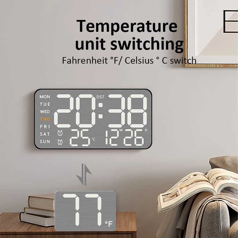Mirror Brushed Finish Wall Clock Premium Feel Silent Wall Clock Table Alarm Clock Temp Display Bedroom Office Living Room Decor C251015