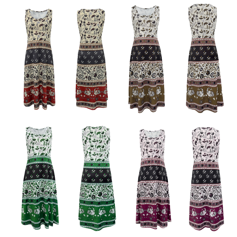 Elegant Womens Mid-Length Dress with Full Print Design for Fall/Winter - Ethnic & Vintage Style-CF43583