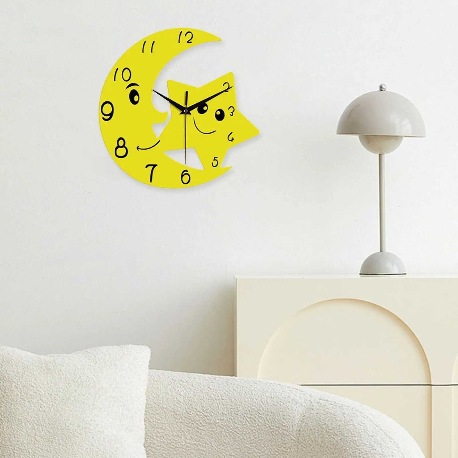 Cute Moon Star Wall Clock Mute Modern Acrylic No Ticking Decoration Wall Art Decor for Dorm Indoor Bedroom Living Room C251015