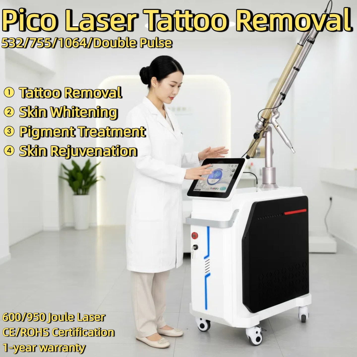 Picosecond laser Machine 532/755/1064/Double Pulse Tattoo Removal Machine 600MJ/950MJ Skin Whitening Pigment Treatment Skin Rejuvenation Machine
