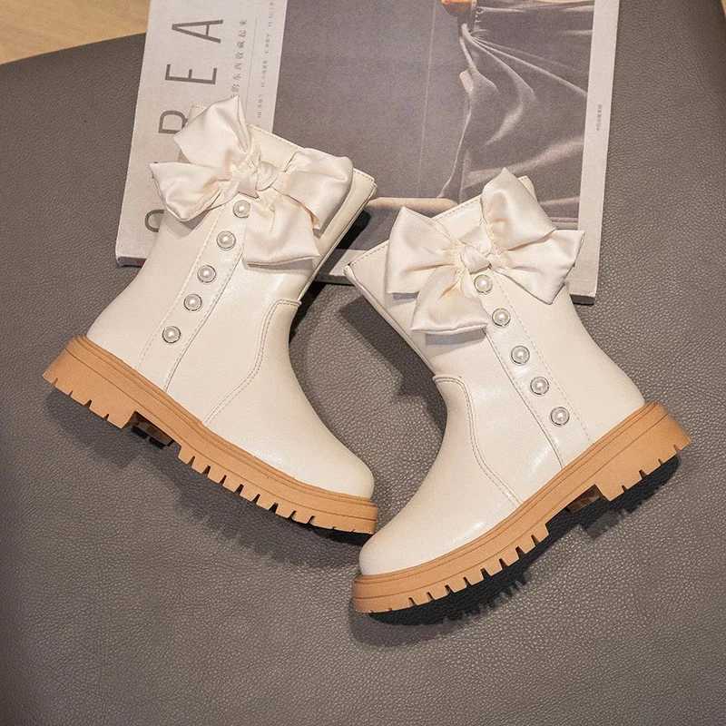 2023 New Girls Boots Pearls Bow Simple Nonslip Children Ankle Boots Beige Black Elegant Chic Princess Kids Shoes Fashion FlatsT251015
