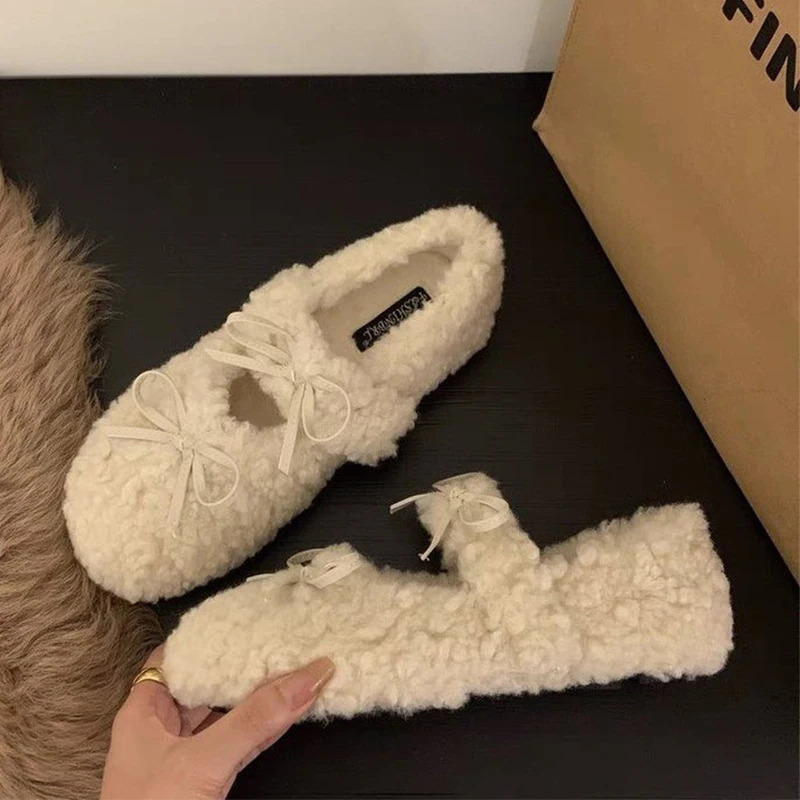 Bow Women Fur Loafers Shoes Flats Short Plush Cotton Shoes Winter Casual Warm Home Shoes Sport Sneaker Walking Zapatos Lady 251013