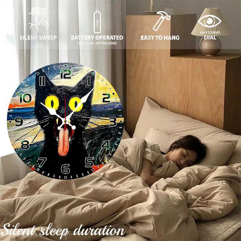 Black Cat Meme Wooden Round Silent Hanging Wall Clock Suitable For Living Room Office Study Room Bedroom Home Decoration C251015