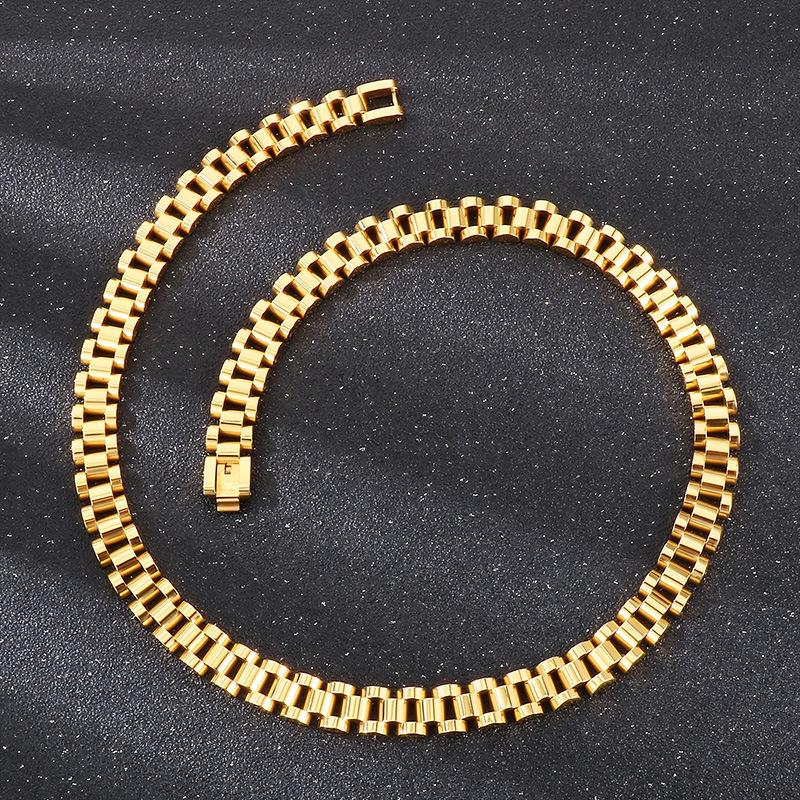 5060CM 10MM Watch Strap Chain Style Necklace For Men Women Gold Color Stainless Steel Choker Necklaces Jewellery Accessories 240313