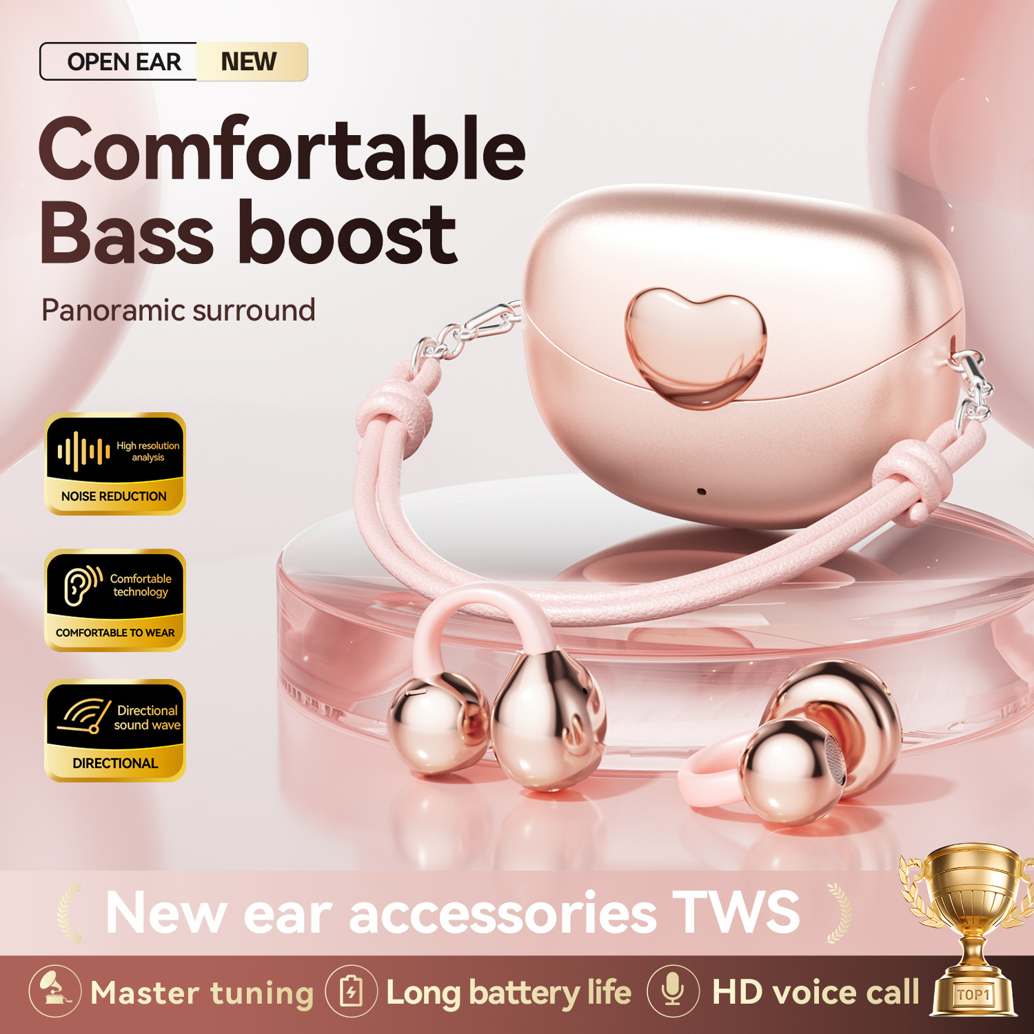 M106 Love Heart Wireless Bluetooth Headphones, Clip-On Style, Mini Bag-Friendly, Open-Ear Non-In-Ear Design, for Daily Use/Gym/Commute, Earbuds with S