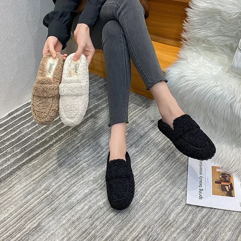 Winter Warm Plush Half Slippers Woman Outdoor Furry Mocasines Warm Slip on Cotton Shoes Woman Flats Cover Toe Curly Fur Slides 251013