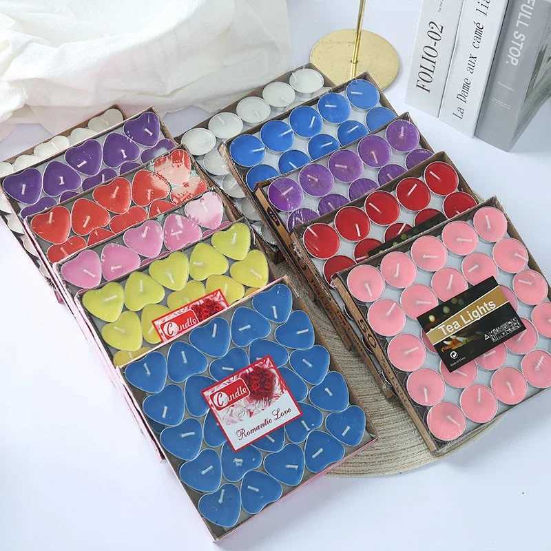 50pcs Round Heart Tea Lights Romantic Atmosphere Candles Anniversaries Wedding Party Hotel Decor Odorless Candles Wholesale C251015