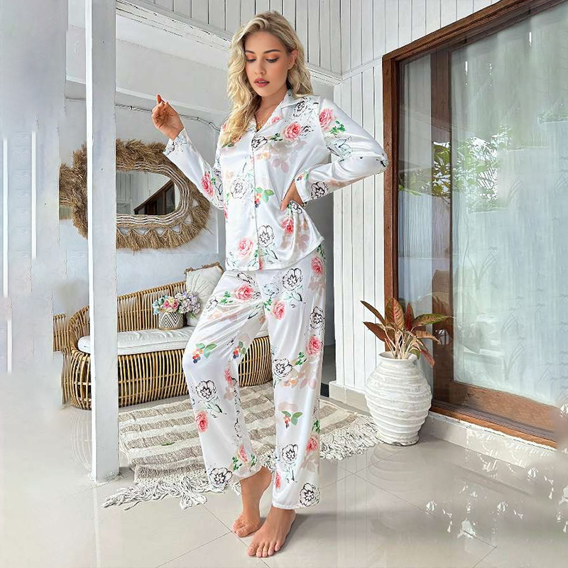 Women's Spring/Fall Silk Satin Floral Print Long-Sleeve Pajama Set with Pants nightgown retro nightgown nightgown set nightgown nightdress lounge