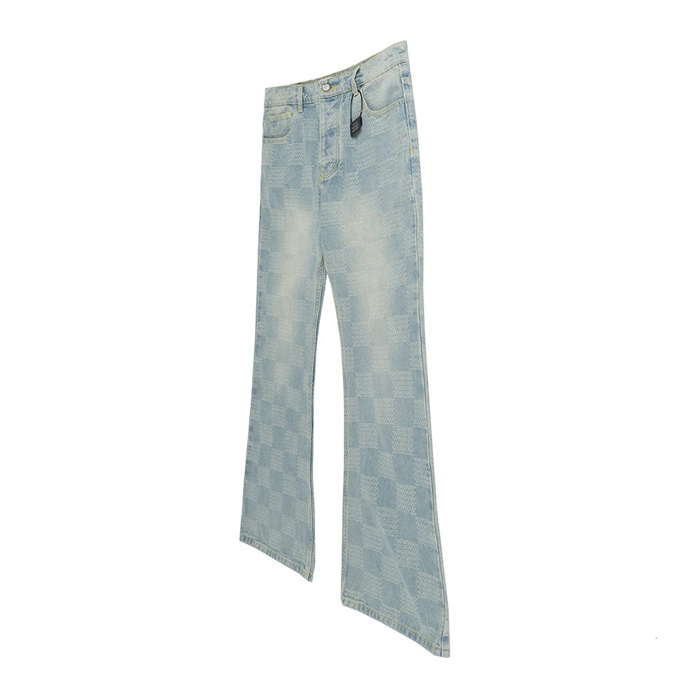 High Street Checkered Micro Flared Jeans for Men Patchwork Straight Loose Boot Cut Oversized Casual Baggy Denim Trousers 251010