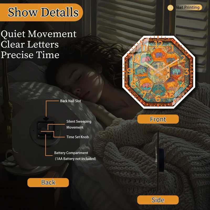 1pc Modern Elephants Arabic Calligraphy Octagonal Wall Clock for Study Home Living Room Birthdays Christmas New Year Gifts C251015