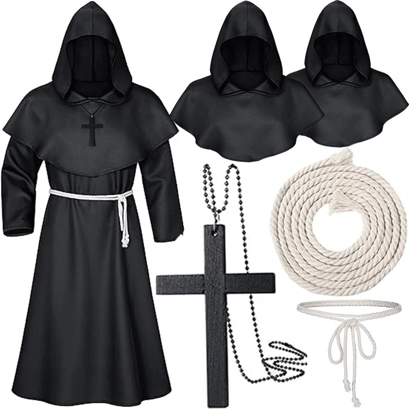 Medieval Monk Hood Cloak Sorcerer Priest Costumes Halloween Robe Wizard Knight Cape Adult Teens Outfit Party Props Set251014