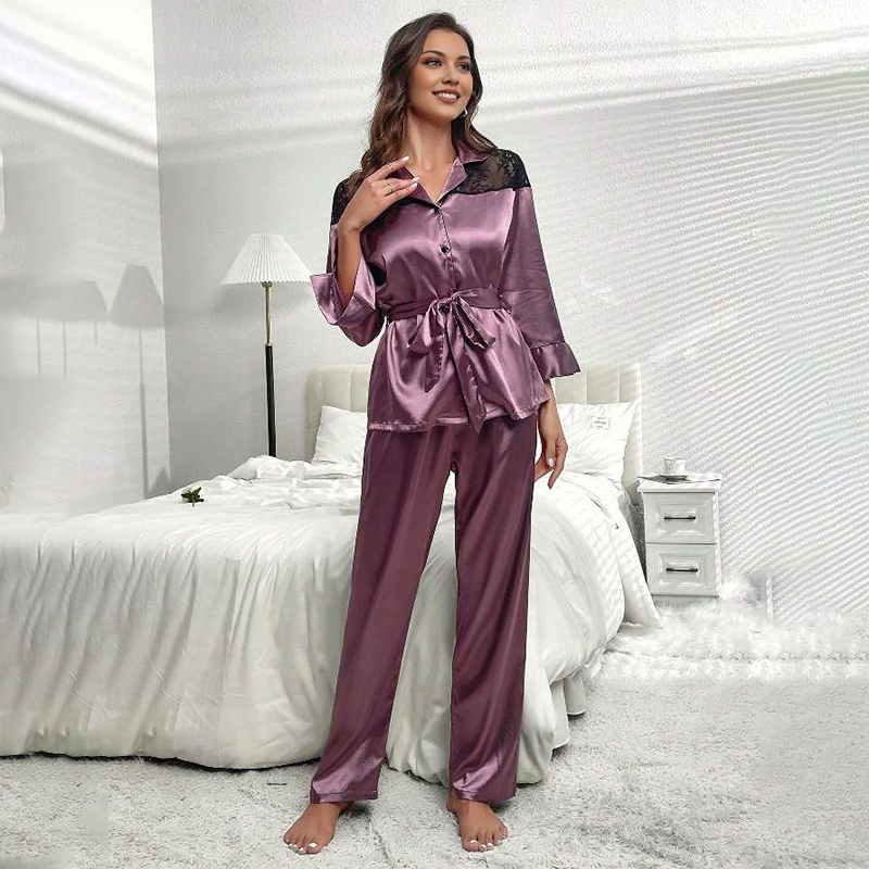 Women's Spring/Fall Silk Satin Lace-Panel Long-Sleeve Pajama Set with Pants nightgown retro nightgown nightgown set nightgown nightdress loungewe