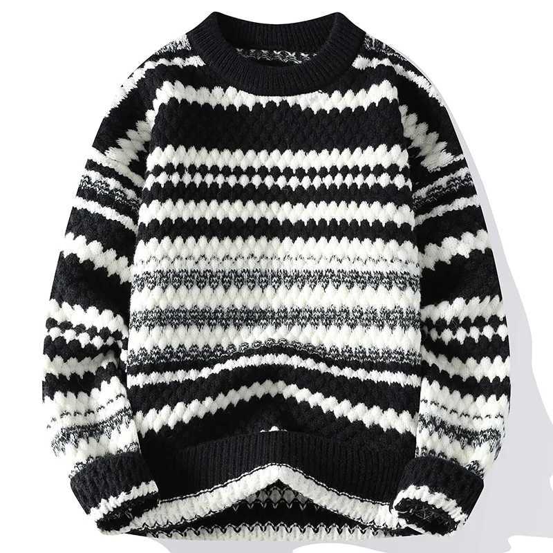 Winter Mens Loose Pullover Male Slim Fit Fashion Knitted Sweater Man Thick Warm Pull Homme Retro Stripe Sweaters J251015