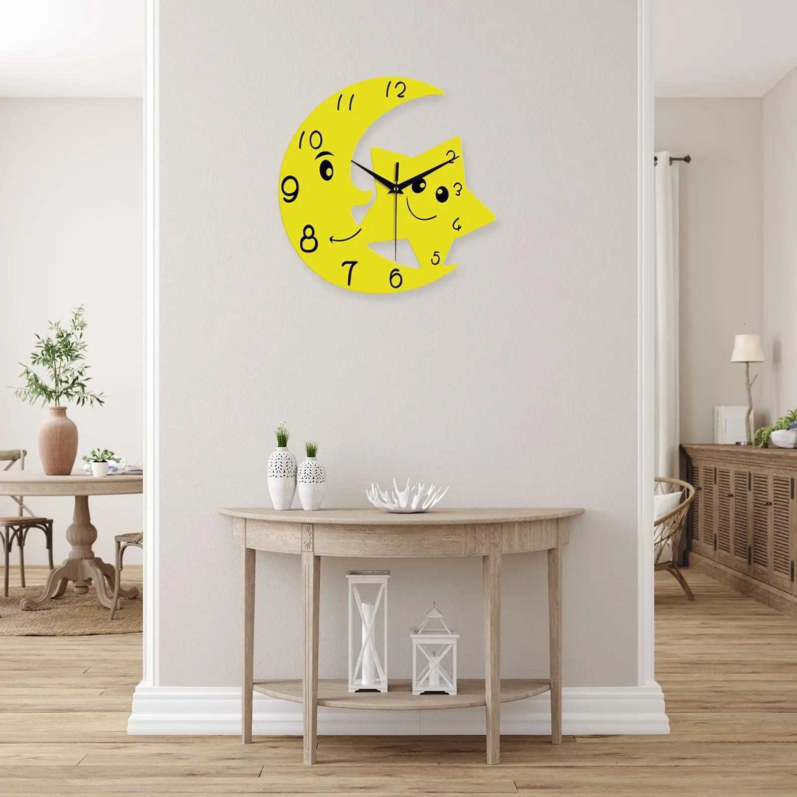 Cute Moon Star Wall Clock Mute Modern Acrylic No Ticking Decoration Wall Art Decor for Dorm Indoor Bedroom Living Room C251015