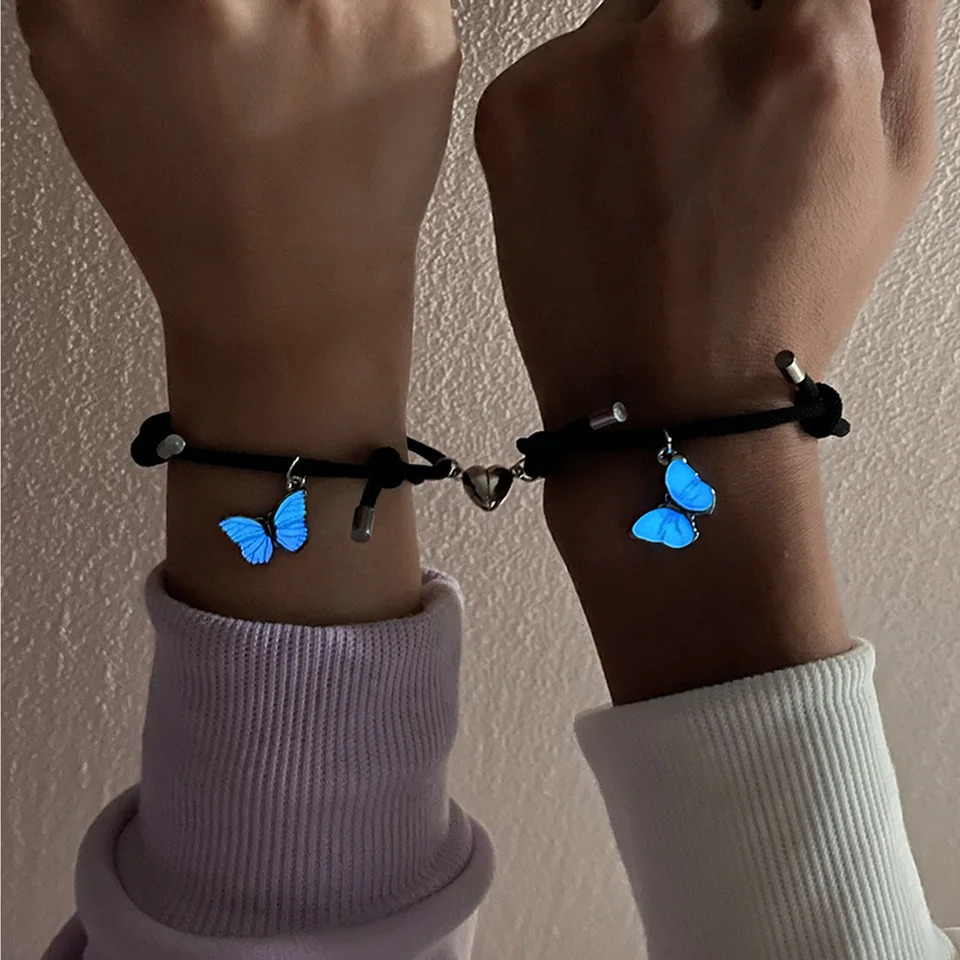 2 PCSSet Butterfly Couples Pendant Luminous Bracelet For Women Lover Black Rope Charm Friendship Girlfriend Party Jewelry Gift 251014