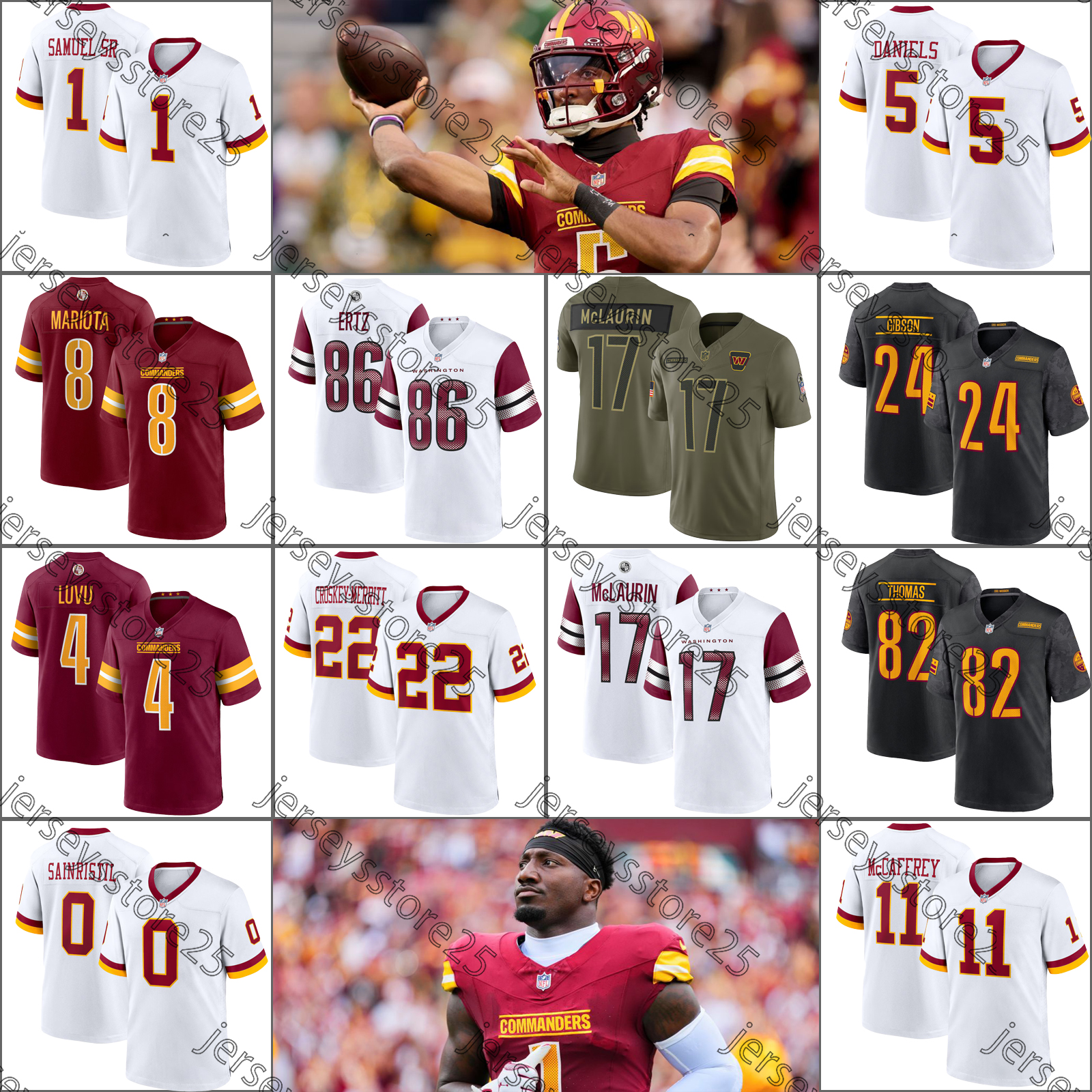 Jayden Daniels Football Jersey Deebo Samuel Sr Frankie Luvu Mike Sainristil Terry McLaurin Bobby Wagner Zach Ertz Marcus Mariota Trey Miller Commanderss Jerseys