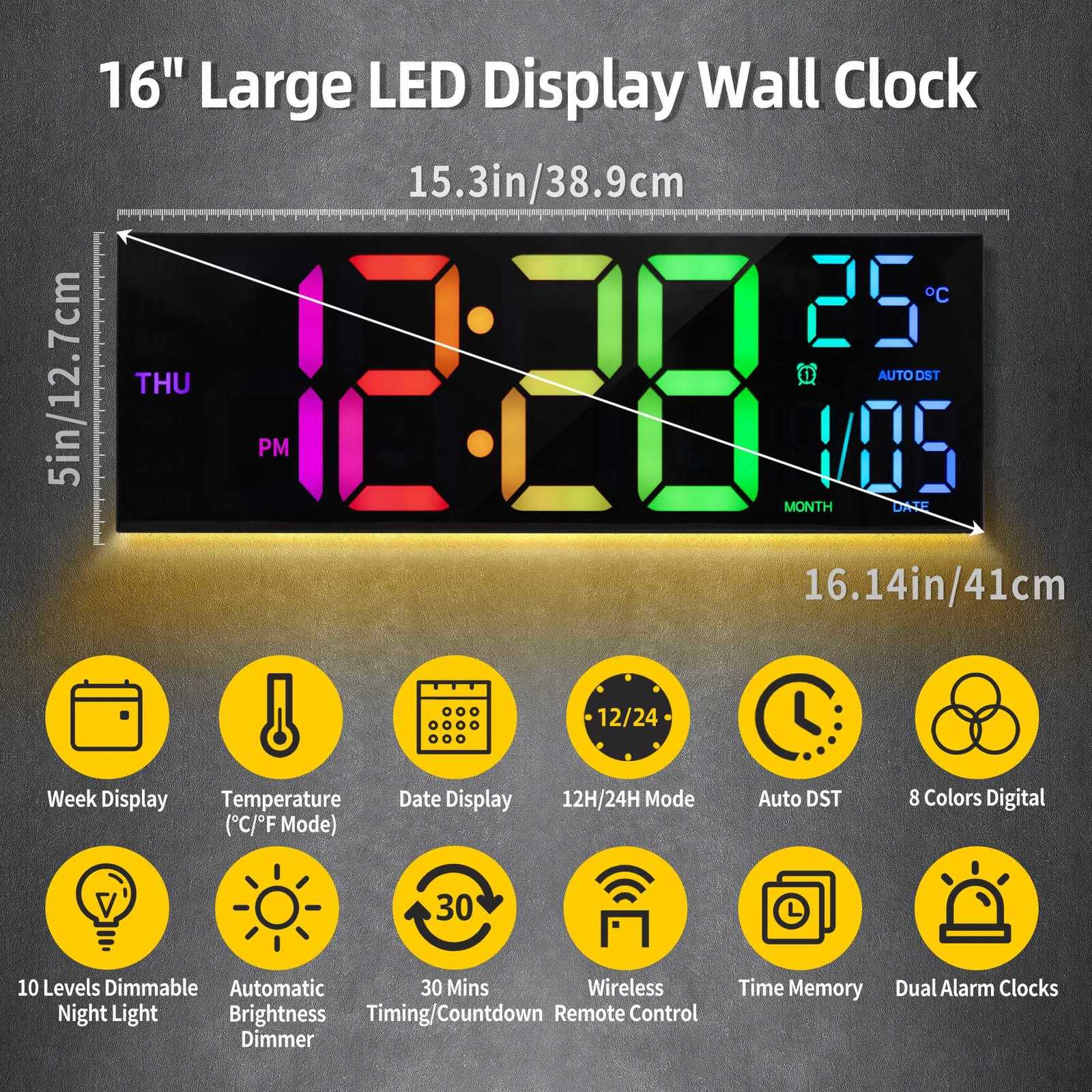 16 Large Digital Wall Clock Big LED Display with Remote 8 RGB Color Alarm DST Temperature for Living Room Kitchen C251015