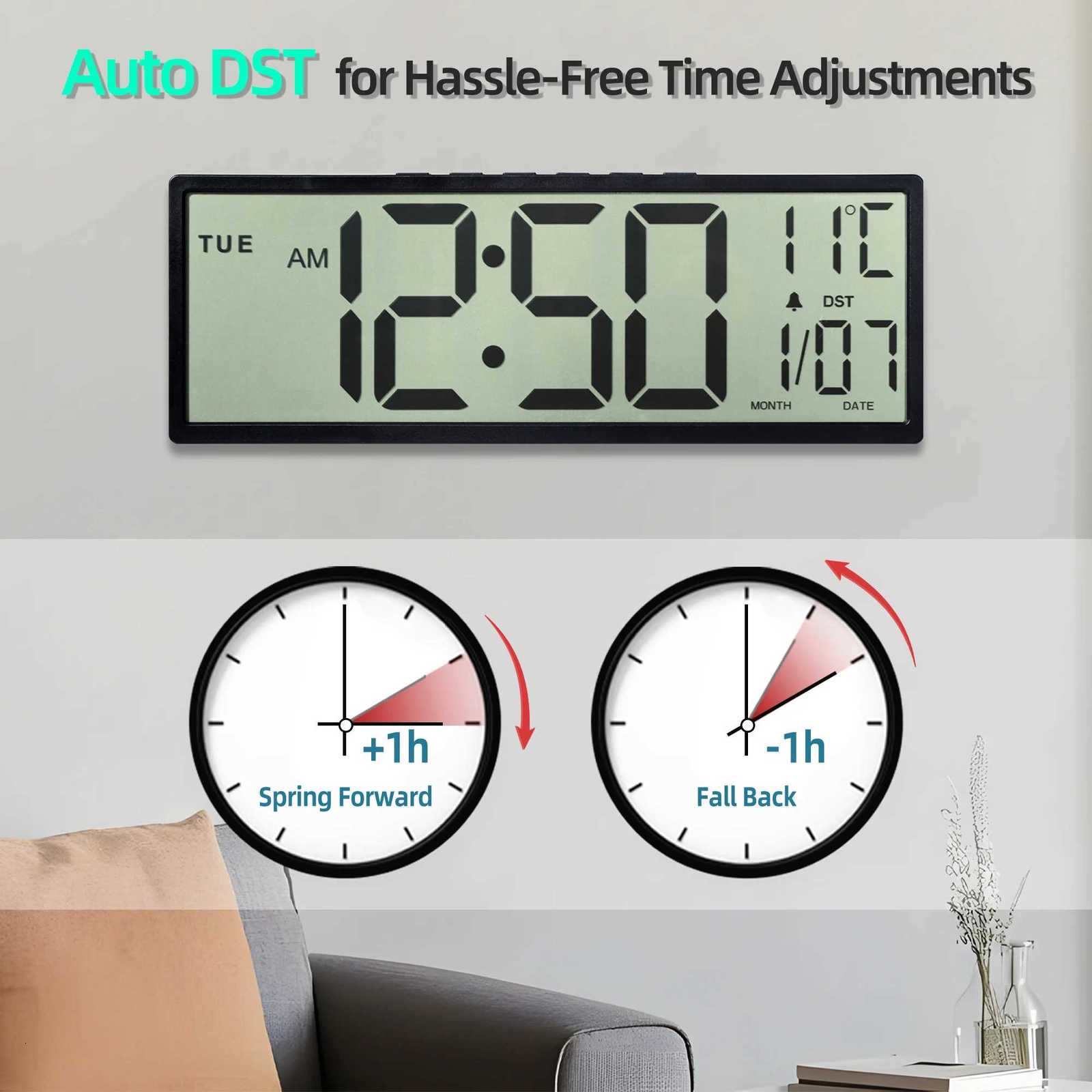 145 Large Digital Wall Clock Battery Operated Clock with Large Display Numbers Calendar Auto DST Clocks for Living Room C251015