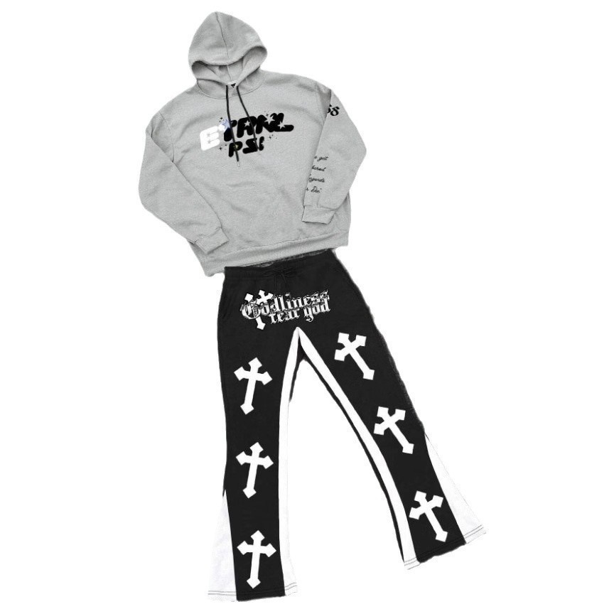 Mens Casual Street Style Trendy Cross Print Fashionable Slightly Flared Black and White Color-Block n Sweatpants 250819