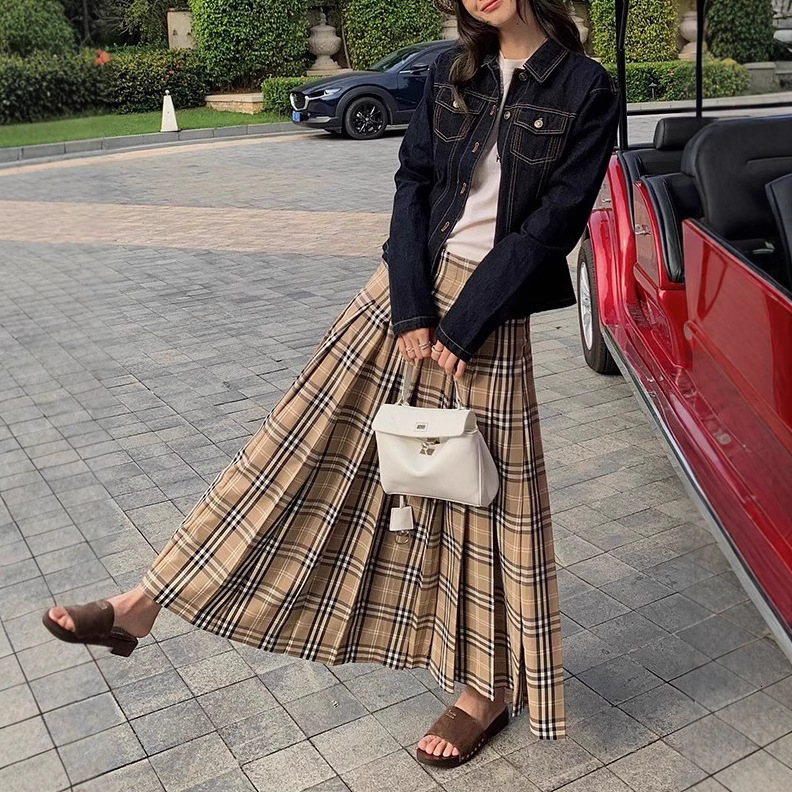 designer Pleated Plaid New Low Waist A-line Long Skirt for Women