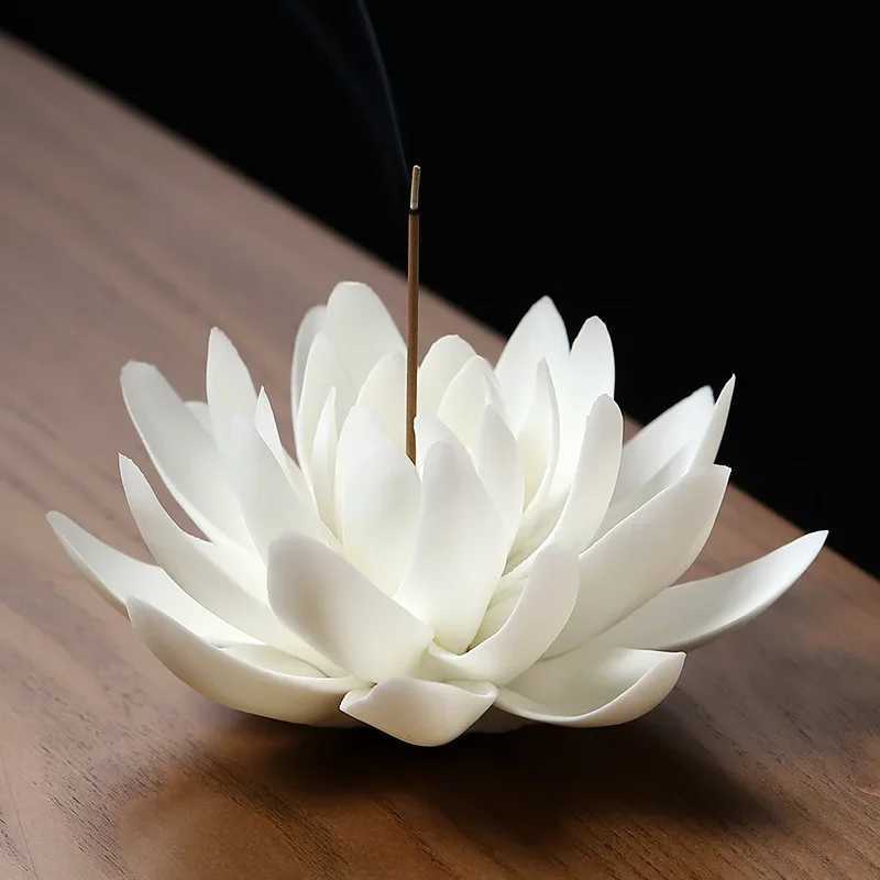 Ceramic White Lotus Incense Burner Home Decor Incense Stick Holder Buddhist Aromatherapy Incense Censer Use In Office Teahouse C251015
