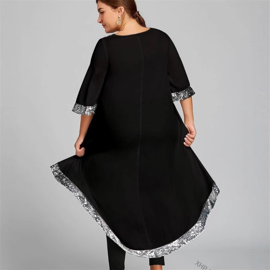 H1015European and American Amazon women's loose skirt splicing short-sleeved dress solid color shiny silk hem