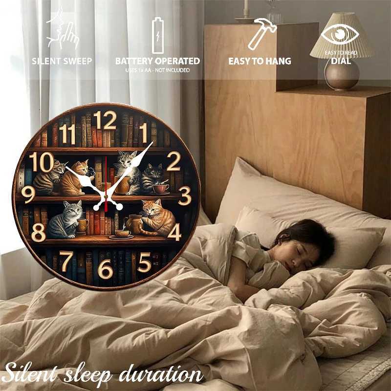 Bookshelf With Cats Wooden Round Silent Hanging Wall Clock Suitable For Living Room OfficeStudy RoomBedroom Home Decoration C251015