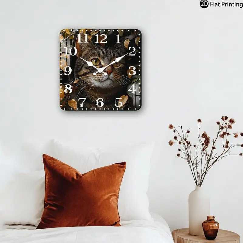 Vintage 2DFlat Tabby Cat Portrait Wooden Silent Quartz square Wall Clock Perfect Christmas gift for friends C251015