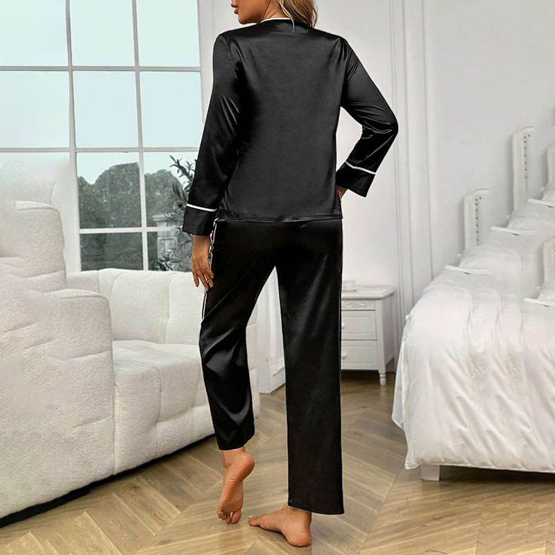 Women's Spring/Fall Silk Satin Minimalist Long-Sleeve Pants Sleepwear Set for Homewear