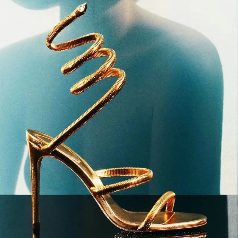 Summer Gold OneLine Strappy Sandals Women Snake Wrapped Sexy Square Head High Heels Stiletto Party Shoes 251014 - view 4