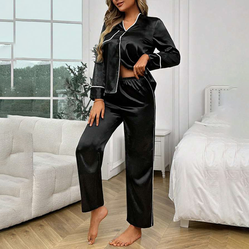 Women's Spring/Fall Silk Satin Minimalist Long-Sleeve Pants Sleepwear Set for Homewear