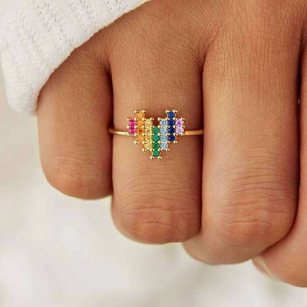 Sterling Sier Rainbow Cubic Zirconia Heart Ring for Women - Minimalist Style Fashion Index