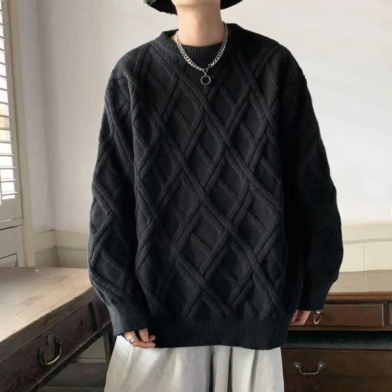 Retro Plaid Sweater Mens Winter Japanese Loose Lazy Style Sweater Round Neck Inner Base Shirt J251015