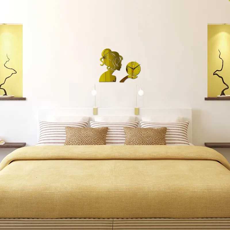 Beauty Lady Portrait Wall Clock Digital Quartz Watch Acrylic 3D Mirror Stickers Living Room Home Decor Beauty Salon Wall Decor C251015