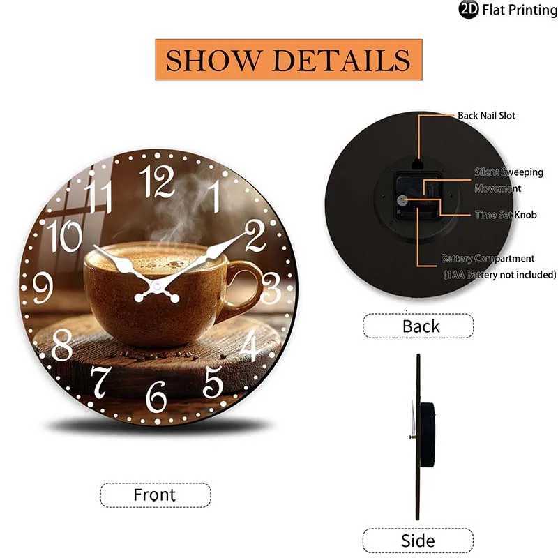 Wooden Silent Wall Clock Coffee cup with steam clock face Quartz Clocks FarmhouseOfficeIdea ChristmasHalloweenNew Year Gift C251015