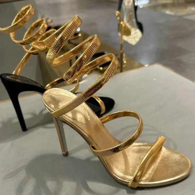 Summer Gold OneLine Strappy Sandals Women Snake Wrapped Sexy Square Head High Heels Stiletto Party Shoes 251014