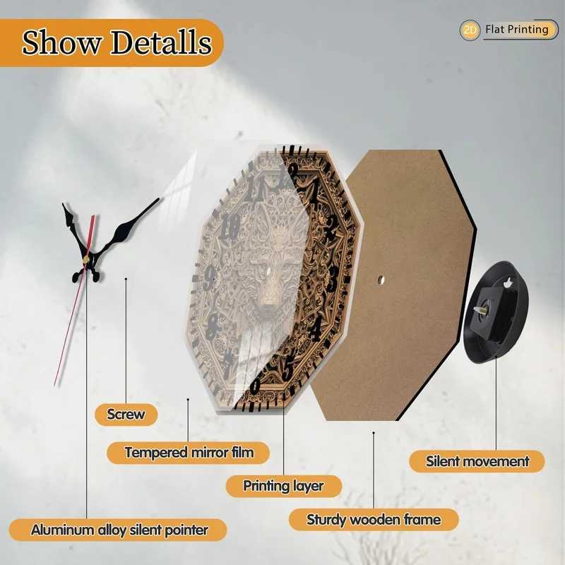Unique 2DFlat Golden Wolf Head Analog Clock for Bedroom Office Home Weddings Mothers Day Holiday Gifts C251015