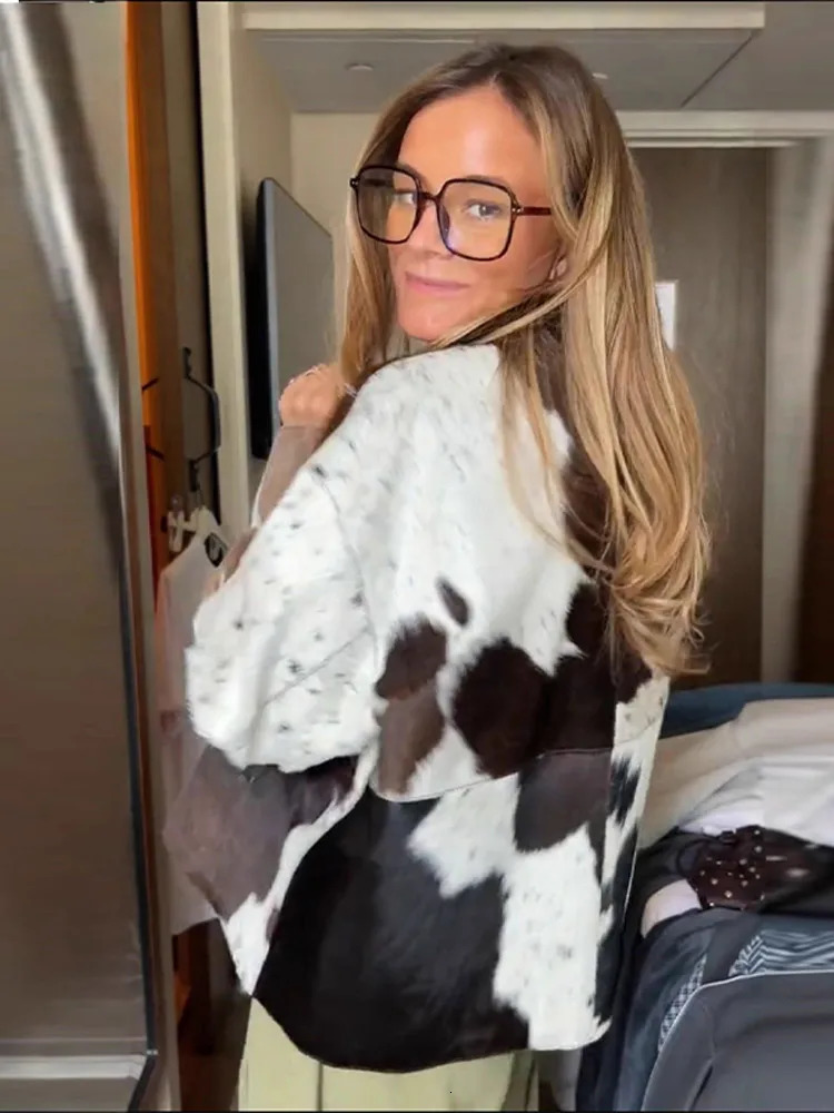 Womens Irregular Printed Jackets Cow Pattern Coats Standing Collar Zipper Jacket Autumn Woman Clothes High Street Tops251014