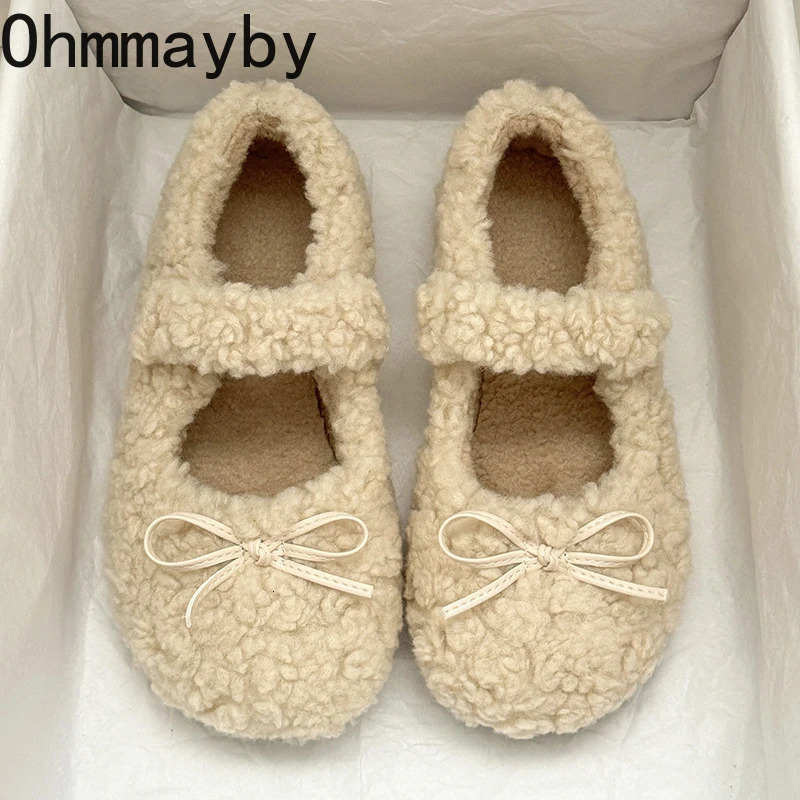 Furry Women Flats Shoes Comfort Round Toe Soft Sole Shoes Outdoor Warm Short Plush Shoes For Winter 251013