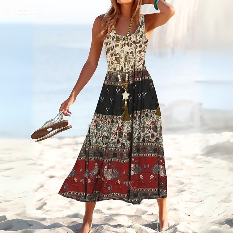 Elegant Womens Mid-Length Dress with Full Print Design for Fall/Winter - Ethnic & Vintage Style-CF43583