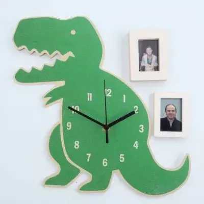 Dinosaur Wall Clock Silent Room Decor Cartoon Image Green Basswood Non Ticking Bedroom Living Room Student Clock C251015