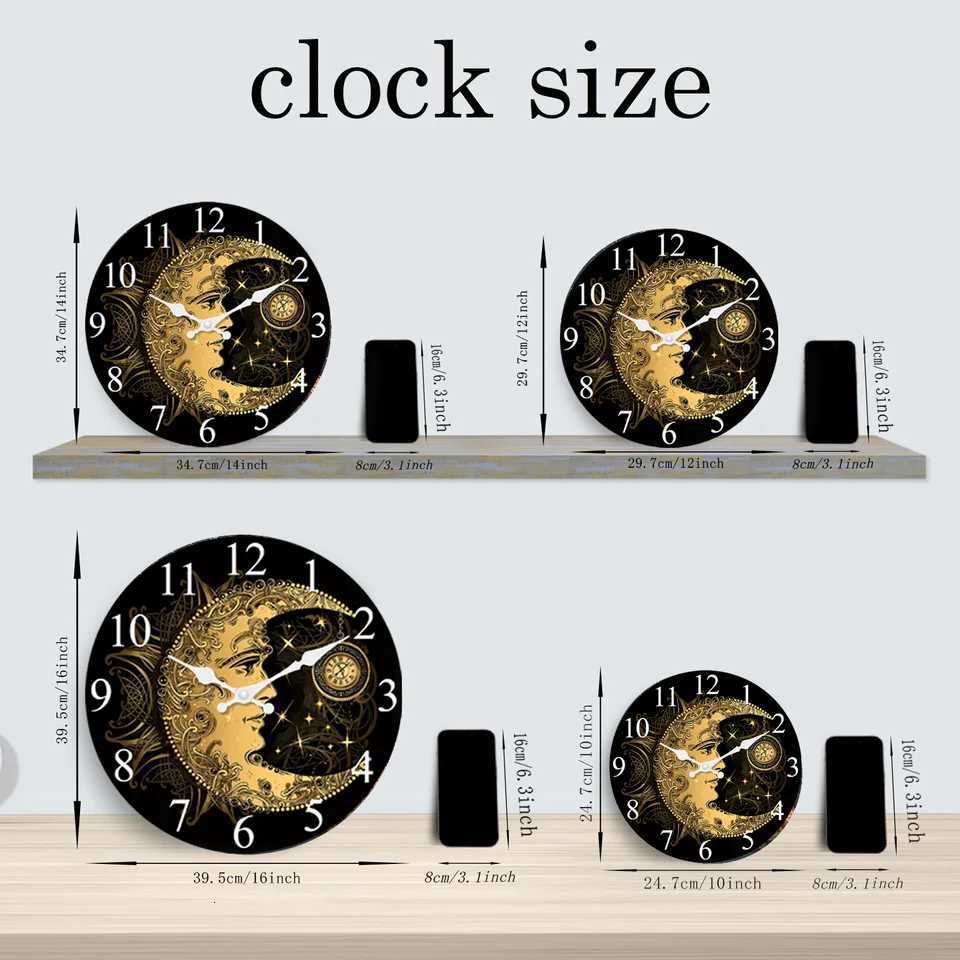 Art Sun Crescent Moon Sky Star Elephant Wooden Wall Clock Living Room Bedroom Kitchen Home Decoration Wall Clock Silent Quartz Clock Holiday Gift 10 I