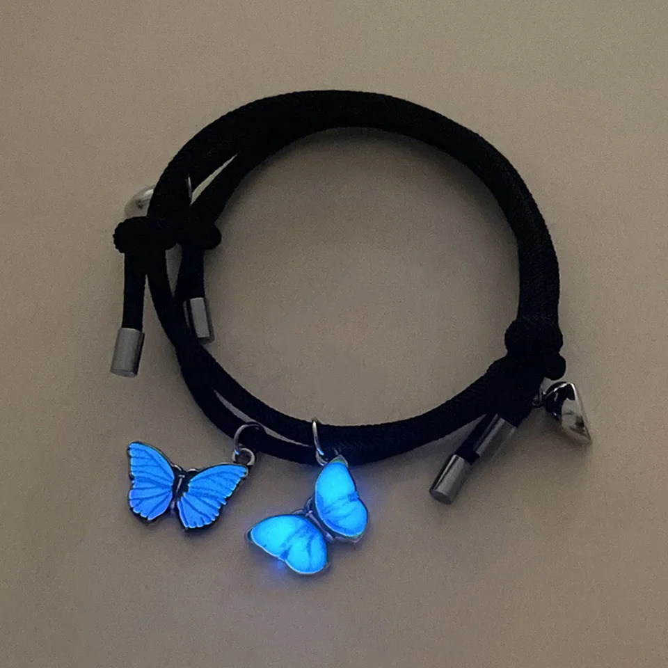 2 PCSSet Butterfly Couples Pendant Luminous Bracelet For Women Lover Black Rope Charm Friendship Girlfriend Party Jewelry Gift 251014