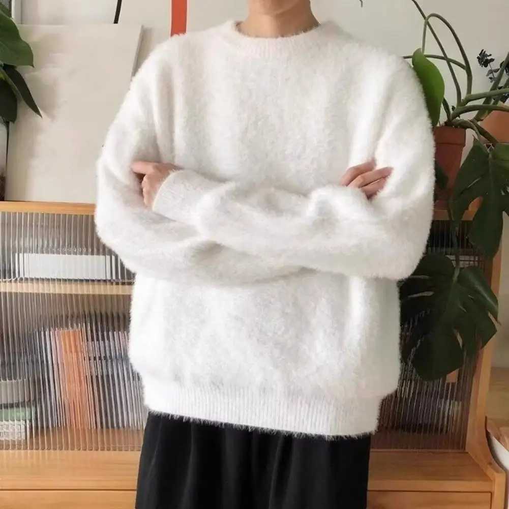 Autumn Men s Solid Fluffy Knitted Sweaters New Korean Fashion Loose Warm Pullovers Winter Couples Vintage Knitwear Jumpers J251015